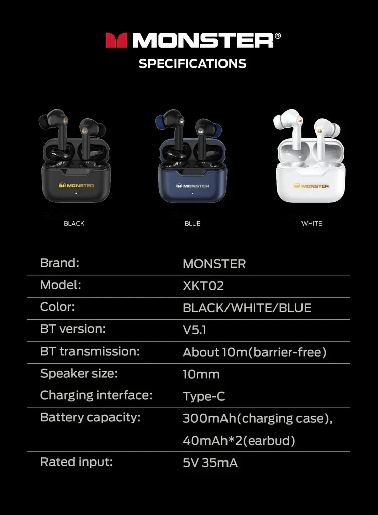 MONSTER AIRMARS XKT02 True Wireless Bluetooth Earphones (P-493)