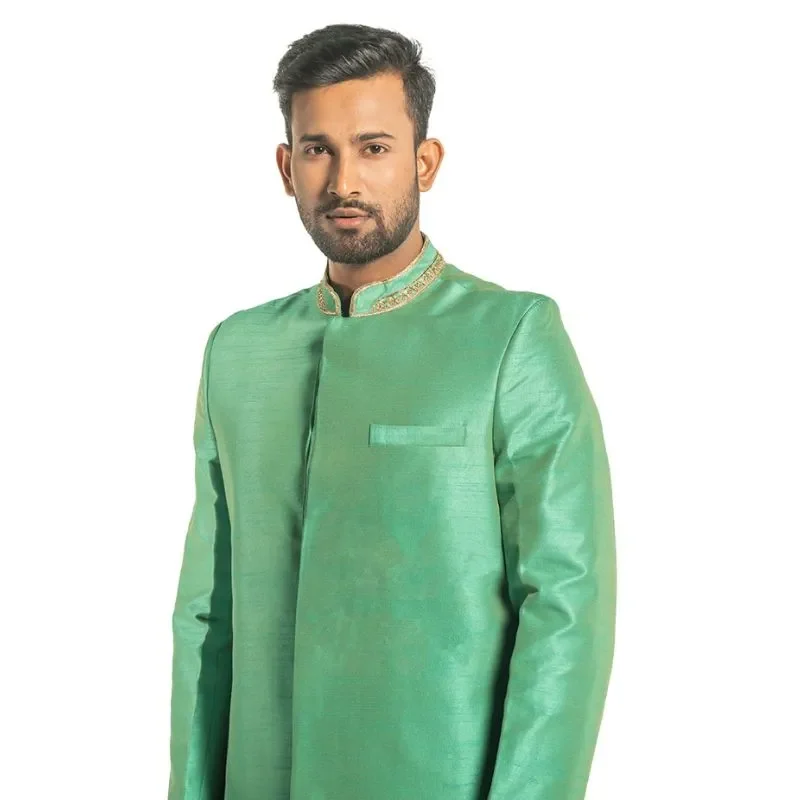 Dhupian Silk Karchupi Ornamented Sherwani - (Chilli Green)