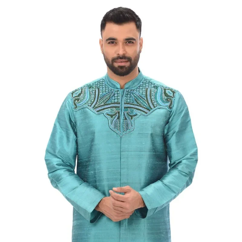 Turquoise Dhupian Silk Karchupi Ornamented Sherwani