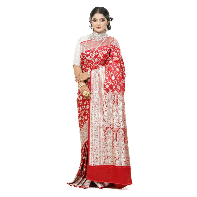 Floral Woven Pure Banarasi Silk Saree in Red