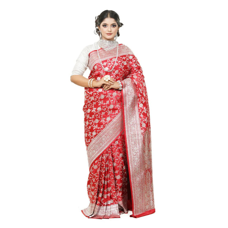 Floral Woven Pure Banarasi Silk Saree in Red