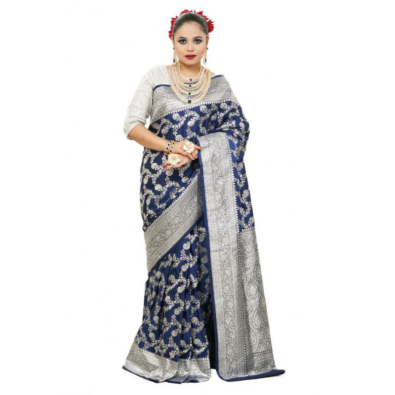 Floral Woven Pure Banarasi Silk Saree in Royal Blue