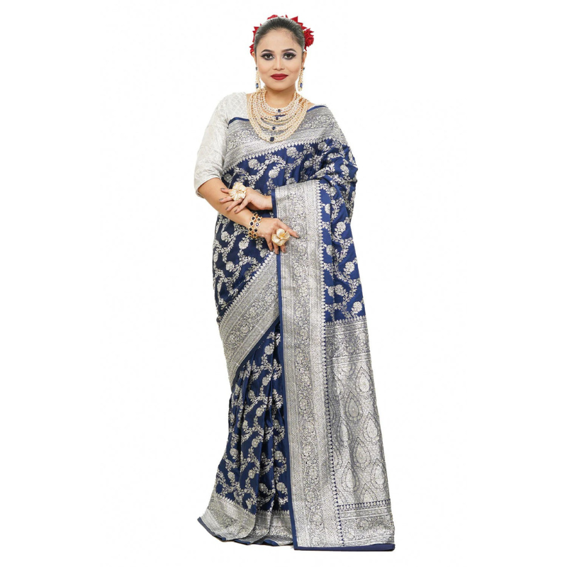 Floral Woven Pure Banarasi Silk Saree in Royal Blue