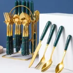 Marble Handles Gold Plated Stainless Steel Tea Spoon Set Green